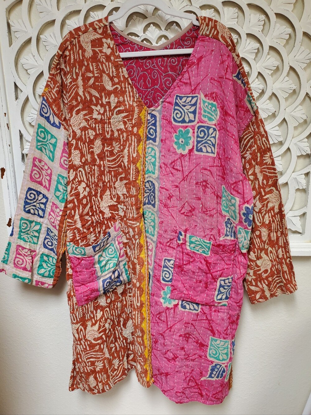 Rare Brown Kantha Reversible Slipt Front Tunic Top OSFM  NWOT